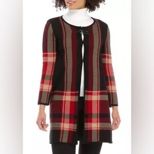 Anne Klein Plaid Cardigan Duster Women's Size XL Fire Red Buckle Detail NWT